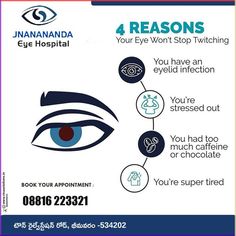 4 Reasons Your Eye Won't Stop Twitching

Stress: High levels of stress can lead to muscle spasms, including in the eye. Managing stress through relaxation techniques, exercise, or mindfulness can help reduce twitching.

Fatigue: Lack of sleep or prolonged eye strain from screens can cause your eye muscles to become fatigued and twitch. Ensuring you get enough rest and taking regular breaks from screens can alleviate this.

Caffeine and Alcohol: Excessive consumption of caffeine or alcohol can lead to increased muscle excitability and twitching. Cutting back on these stimulants might reduce the frequency of eye twitches.

Nutritional Deficiencies: A lack of essential nutrients, particularly magnesium, can contribute to muscle spasms. Eating a balanced diet rich in vitamins and minerals may Eye Twitch, Eye Muscles, Eye Twitching, Pulling An All Nighter, Eye Hospital, Super Tired, Nutritional Deficiencies, A Balanced Diet, Muscle Spasms