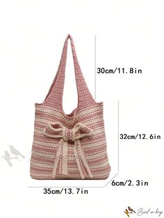 Bird in Bag - Woven Tote Bag with Blocking Design, Large Capacity, New Style, Fashionable and Casual Design, with Bow Knot Accent. Beige Open Weave Tote Shoulder Bag, Pink Woven Tote Shoulder Bag, Eco-friendly Pink Woven Shoulder Bag, Eco-friendly Woven Pink Shoulder Bag, Eco-friendly Multicolor Beach Bag With Braided Handles, Block Design, Woven Tote Bag, Casual Design, Shoulder Tote Bag