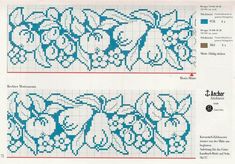 two cross stitch patterns with flowers and leaves in blue, white and red colors on the same page