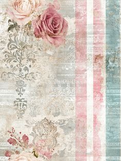 an old fashioned wallpaper with roses and stripes on the bottom, along with other floral designs