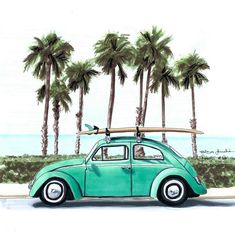 a painting of a car with a surfboard on the roof and palm trees in the background