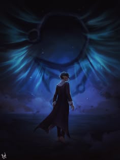 an anime character standing in the dark with wings