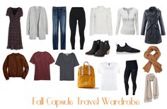 an assortment of travel wardrobes and clothing for women with text overlay that reads fall capsule travel wardrobe