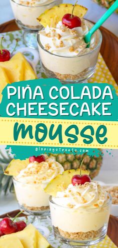 Pina Colada Cheesecake Mousse, Easter sweet treats, Spring desserts Tropical Pina Colada Cheesecake Mousse, Pina Colada Whipped Cream, Pina Colada Bars Recipe, Pineapple Whip Cheesecake, Pina Colada Cheesecake Mousse, No Bake Pineapple Mousse Cheesecake, Luau Party Ideas Food Desserts, Luau Theme Desserts, Tropical Pineapple Cheesecake Tart