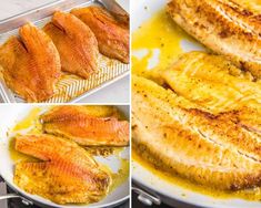 fish being cooked in a pan with oil and seasoning on the side, then fried