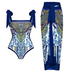 Swimwear 2024, Swimsuit Skirt, Porcelain Print, Monokini Swimsuit, Padded Swimwear, Beach Bathing Suits, Blue Bodysuit, Women Ties, Beach Swimming