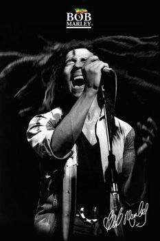 bob marley singing into a microphone and holding his hand up to his face with the words bob marley on it