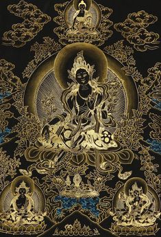 an image of buddha in the middle of gold and blue art work on black paper