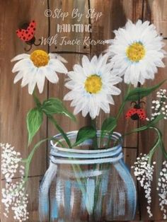 a painting of daisies and ladybugs in a mason jar on a wooden background