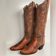 In Fair Condition For Their Age. Flaw To The Snakeskin Inlay On The Inner Part Of The Right Boot Shown In The Photos; It Had Been Glue Repaired At Some Point. Snakeskin Has Been Conditioned With Bickmore Exotic. Size 7 B. Tall Cowgirl Boots, Shoes Vintage, Cowgirl Boots, Vintage Shoes, Shoes Heels Boots, Snake Skin, Shoes Women Heels, Heeled Boots, Glue