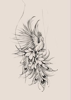 a black and white drawing of a bird with flowers on it's back side