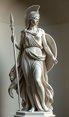 a statue of a woman holding a spear and shield