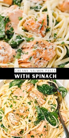 salmon pasta with spinach and cream sauce in a white bowl