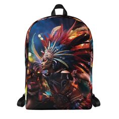 a colorful backpack with an image of a woman wearing feathers and headdress on it