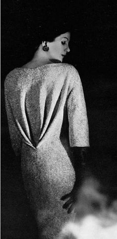 1960 Model in bias cut dress of grey and natural tweed, front is fully buttoned, back is draped into deep v, by Jean Dessès, Jean Dessès, Portable Record Player, 1960s Wedding, Sewing Dress, Things Change, Bias Cut Dress, Cut Dress