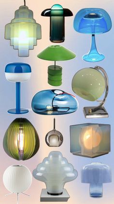 a bunch of different colored lamps hanging from the ceiling and on top of each other