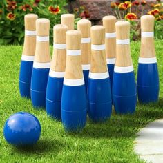 blue and white plastic boccquets are lined up next to a ball on the grass