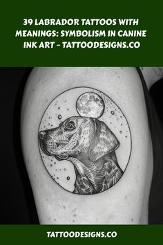 a black and white tattoo with a dog on it's thigh, in the middle of