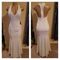 White/Ivory Strapless Formal Mermaid Dress With T- Style Back. White Sleeveless Mermaid Dress For Prom, White Mermaid Hem Maxi Dress For Wedding, White Halter Neck Maxi Dress For Prom, Formal White Stretch Maxi Dress, Fitted White Maxi Dress For Night Out, White Fitted Maxi Dress For Night Out, White Stretch Maxi Dress For Formal Occasions, Elegant White Maxi Dress With Mermaid Hem, Formal White Mermaid Dress