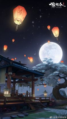 lanterns flying in the night sky over a house