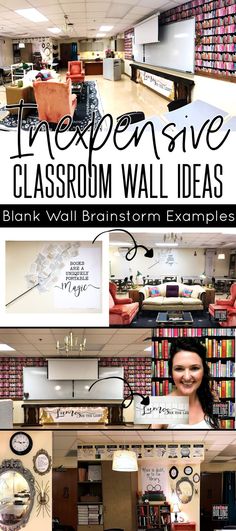 a classroom with bookshelves, desks and chairs in the background text reads modern give classroom wall ideas blank wall brainstorm examples