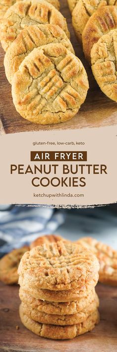 peanut butter cookies stacked on top of each other with the words air fryer peanut butter cookies