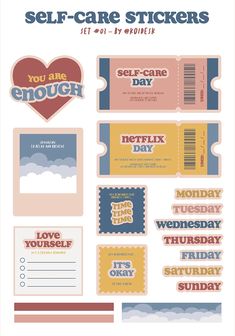 a set of self - care stickers with the words self - care written on them