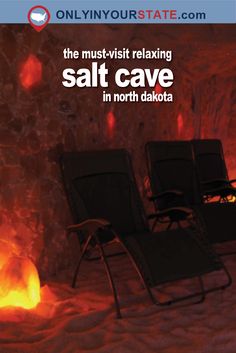 two lawn chairs sitting in front of a fire with the words salt cave on it