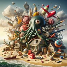 an octopus is sitting on top of a house with many objects in it's body