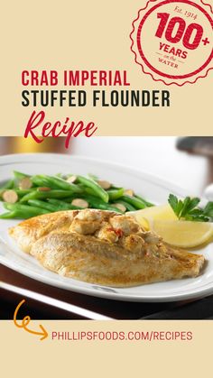 crab imperial stuffed flounder recipe on a white plate with green beans and lemon wedges