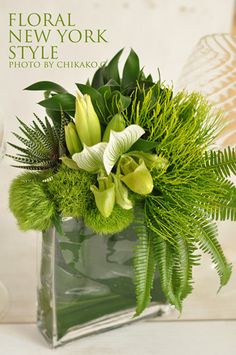 a square vase filled with green flowers and greenery