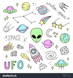 an alien space theme with stars, planets and other objects on white background stock photo