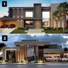 two different views of a modern house with palm trees and cars parked in the driveway