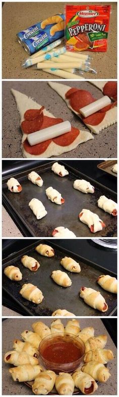 the process of making mini pizzas with pepperoni, cheese and sauce on them