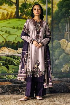 Light lilac kurta with printed ornamental baroque, floral motifs and crystal embellishments. The kurta is paired with dupion silk pants and a bordered organza dupatta. - Aza Fashions Lawn Shirt Design, Pakistani Designer Suits, Printed Velvet, Gul Ahmed, Velvet Suit, Chiffon Collection, Pure Chiffon, Velvet Shirt, Winter Print