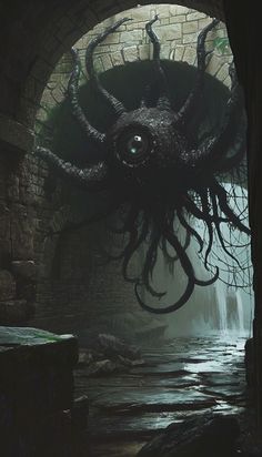 an image of a giant creature in the middle of a tunnel with its eyes open