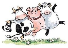 a drawing of two cows and a cow jumping in the air with their backs to each other