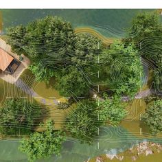 an aerial view of a house surrounded by trees and waves in the water, with lines drawn across it