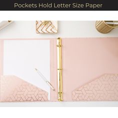 a pink and gold binder next to a white paper with the words pockets hold letter size paper