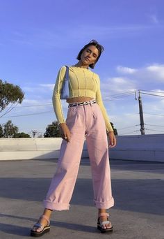 Yellow Mesh Top Outfit, Denim Wide Leg Jeans Outfit, Pink Jeans Outfit Aesthetic, Yellow Pink Outfit, Yellow And Pink Outfit, Pink And Yellow Outfit, Dusty Pink Outfits, Yellow Top Outfit