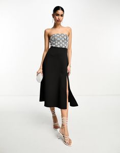 ASOS DESIGN silver sequin embellished bandeau skater midi dress in black | ASOS Black Bandeau Midi Dress For Party, Glamorous Midi Dress With Straight Neckline For Night Out, Glamorous Party Dress With Split, Glamorous Strapless Sequin Midi Dress, Chic Embellished Strapless Dress For Date Night, Chic Embellished Midi Dress For Prom, Chic Sequined Midi Prom Dress, Spring Party Midi Dress With Split, Summer Strapless Sequin Midi Dress