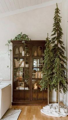 a living room filled with furniture and a christmas tree in front of a book shelf