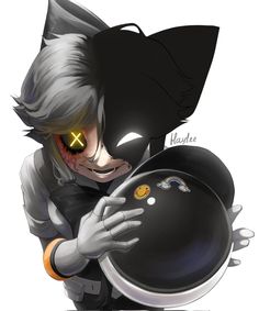 an anime character holding a black object with yellow eyes