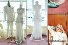 a collage of photos showing wedding gowns, shoes and dresses on mannequins