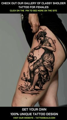 a woman with a tattoo on her thigh is holding a watering can and has the words get your own 100 % unique tattoo design visit our website