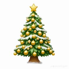 a christmas tree with gold ornaments and snow on the top is shown in front of a white background