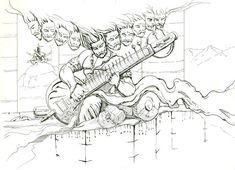 a black and white drawing of some people playing guitar