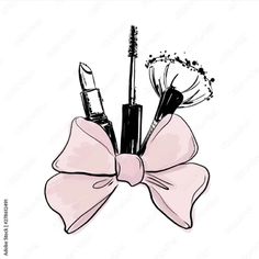 lipstick, mascara and brush in a bow on a white background