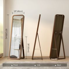 an image of a mirror and stand in the living room with measurements for each piece