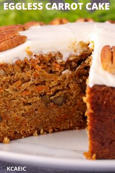 Eggless carrot cake on a plate with a slice taken out. Egg Free Carrot Cake, Pumpkin Carrot Cake Recipe, Eggless Carrot Cake, Carrot Cake Recipes, Dairy Free Carrot Cake, Cake Recipe Eggless, Vegan Carrot Cake Recipe, Easter Carrot Cake, Cake Recipes Without Eggs